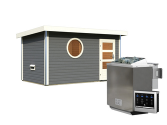 Saunahaus Skrollan 3 mit moderner Tür SET terragrau mit rundem Fenster, Ofen 9 kW Bio ext. Stgr. Easy 3960x2310x2270mm Saunahaus Skrollan 3 mit moderner Tür SET terragrau mit rundem Fenster, Ofen 9 kW Bio ext. Stgr. Easy 3960x2310x2270mm