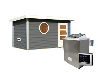 Saunahaus Skrollan 3 mit moderner Tür SET terragrau mit rundem Fenster, Ofen 9 kW ext. Strg. Easy 3960x2310x2270mm Saunahaus Skrollan 3 mit moderner Tür SET terragrau mit rundem Fenster, Ofen 9 kW ext. Strg. Easy 3960x2310x2270mm