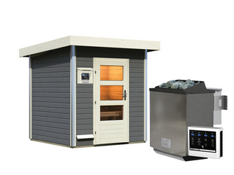 Saunahaus Torge mit moderner terragrau mit Ofen 9 kW Bio externe Strg easy Saunahaus Torge mit moderner terragrau mit Ofen 9 kW Bio externe Strg easy