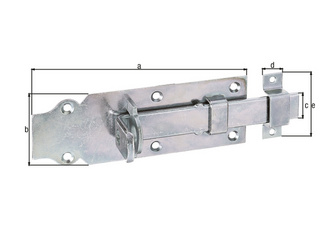 Schlossriegel, m.flachem Griff, gerade, m.Schlaufe, gelb verzinkt, Platte LxB160x56mm Schlossriegel, m.flachem Griff, gerade, m.Schlaufe, gelb verzinkt, Platte LxB160x56mm