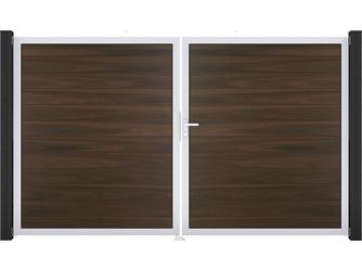 Solid Steckzaun Tor, Farbe: Walnuss co-extrudiert 2-flügelig, 300x180cm, Alurahmen Solid Steckzaun Tor, Farbe: Walnuss co-extrudiert 2-flügelig, 300x180cm, Alurahmen