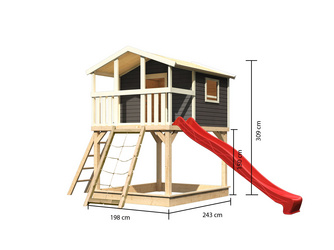 Stelzenhaus Benjamin SET terragrau mit Netzrampe und Rutsche rot Stelzenhaus Benjamin SET terragrau mit Netzrampe und Rutsche rot