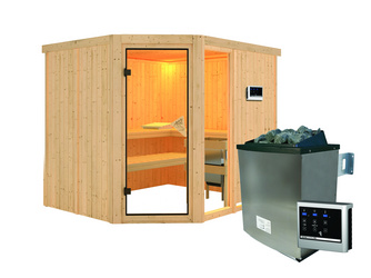 Systemsauna Fiona 3 SET mit Ofen 9 kW Edelstahl ext. Strg Easy Systemsauna Fiona 3 SET mit Ofen 9 kW Edelstahl ext. Strg Easy