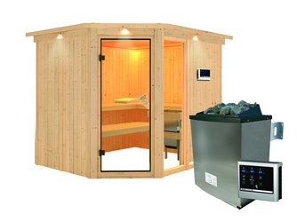 Systemsauna Fiona 3 mit Kranz SET mit Ofen 9 kW Edelstahl ext. Strg Easy Systemsauna Fiona 3 mit Kranz SET mit Ofen 9 kW Edelstahl ext. Strg Easy