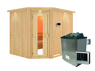 Systemsauna Malin mit Energiespartür Tür und Kranz SET mit Ofen 9 kW ext. Strg Easy Systemsauna Malin mit Energiespartür Tür und Kranz SET mit Ofen 9 kW ext. Strg Easy