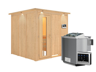 Systemsauna Rodin mit Energiespartür und Kranz SET mit Ofen 9 kW Bio ext. Strg Easy Systemsauna Rodin mit Energiespartür und Kranz SET mit Ofen 9 kW Bio ext. Strg Easy