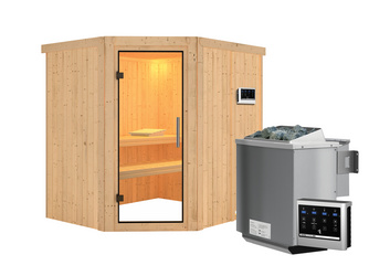 Systemsauna Siirin mit Klarglastür SET mit Ofen 4,5 kW Bio ext. Strg. 1960x1700x1980mm Systemsauna Siirin mit Klarglastür SET mit Ofen 4,5 kW Bio ext. Strg. 1960x1700x1980mm