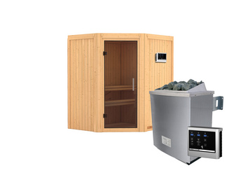 Systemsauna Taurin mit graphitfarbene Tür SET mit Ofen 4,5 kW ext. Strg. Easy 1700x1510x1980mm Systemsauna Taurin mit graphitfarbene Tür SET mit Ofen 4,5 kW ext. Strg. Easy 1700x1510x1980mm