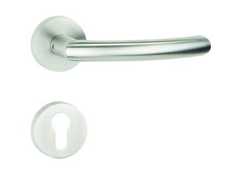 Aktions-Rosettengarnitur m Drückerpaar geschwungen, Edelstahl matt, mit Rückholfeder, PZ-Ausführung