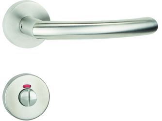 Aktions-Rosettengarnitur m Drückerpaar geschwungen, Edelstahl matt, mit Rückholfeder, WC-Ausführung