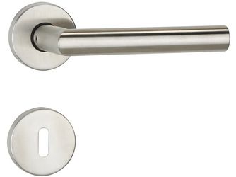 Aktions-Rosettengarnitur m Drückerpaar in L-Form, Edelstahl matt, mit Rückholfeder, BB-Ausführung