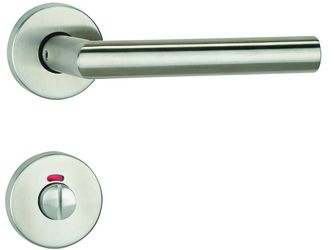 Aktions-Rosettengarnitur m Drückerpaar in L-Form, Edelstahl matt, mit Rückholfeder, WC-Ausführung