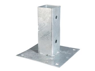 Aufschraubhülse für Vierkantholzpfosten, feuerverzinkt, 91mm, Platte 150x150mm Aufschraubhülse für Vierkantholzpfosten, feuerverzinkt, 91mm, Platte 150x150mm