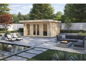 Blockhaus Eutin 480x380cm, 44mm BB mit Fußboden 18mm Flachdach o. Dachpappe