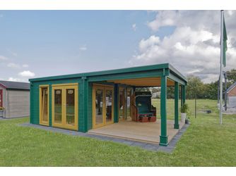 Blockhaus H45-3949+320FS-2DT-3EF Skand. Fichte Flachdach, Stärke: 45mm, 495x395+320cm