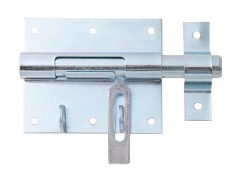 Bolzen-Schlossriegel, m.befest.Schlaufe, blau vz, Platte LxB95x79mm, Ges.-L135mm Bolzen-Schlossriegel, m.befest.Schlaufe, blau vz, Platte LxB95x79mm, Ges.-L135mm