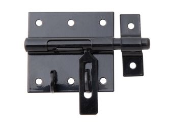 Bolzen-Schlossriegel, m.befest.Schlaufe, schwarz, Platte LxB70x67mm, Ges.-L100mm Bolzen-Schlossriegel, m.befest.Schlaufe, schwarz, Platte LxB70x67mm, Ges.-L100mm