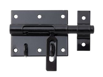 Bolzen-Schlossriegel, m.befest.Schlaufe, schwarz, Platte LxB80x64mm, Ges.-L116mm Bolzen-Schlossriegel, m.befest.Schlaufe, schwarz, Platte LxB80x64mm, Ges.-L116mm