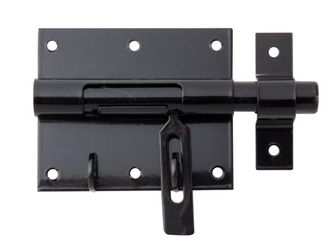 Bolzen-Schlossriegel, m.befest.Schlaufe, schwarz, Platte LxB95x79mm, Ges-L135mm Bolzen-Schlossriegel, m.befest.Schlaufe, schwarz, Platte LxB95x79mm, Ges-L135mm