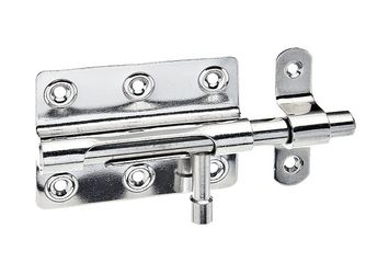 Bolzenriegel, mit befestigter Schlaufe, Edelstahl, Platte LxB 80x59mm, Ges.-L122mm Bolzenriegel, mit befestigter Schlaufe, Edelstahl, Platte LxB 80x59mm, Ges.-L122mm
