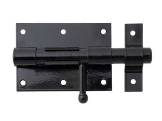 Bolzenriegel, mit befestigter Schlaufe, schwarz, Platte LxB95x67mm, Ges.-L135mm Bolzenriegel, mit befestigter Schlaufe, schwarz, Platte LxB95x67mm, Ges.-L135mm