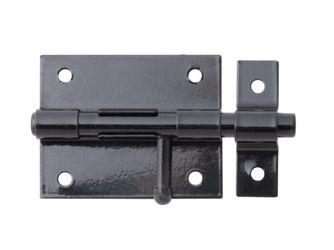 Bolzenriegel, mit befestigter Schlaufe, schwarz, Platte LxB 70x57mm, Ges.-L100mm Bolzenriegel, mit befestigter Schlaufe, schwarz, Platte LxB 70x57mm, Ges.-L100mm
