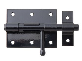 Bolzenriegel, mit befestigter Schlaufe, schwarz, Platte LxB 80x63mm, Ges.-L116mm Bolzenriegel, mit befestigter Schlaufe, schwarz, Platte LxB 80x63mm, Ges.-L116mm