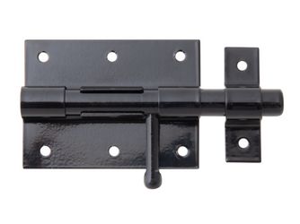 Bolzenriegel, mit befestigter Schlaufe, schwarz, Platte LxB 90x67mm, Ges.-L130mm Bolzenriegel, mit befestigter Schlaufe, schwarz, Platte LxB 90x67mm, Ges.-L130mm