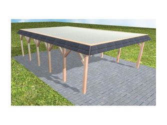 Carport Grömitz LT Natur Walmblende, Flachdach mit Stahl-Trapezplatten Antikondens