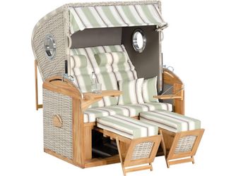 Garten Strandkorb 305 Z Comfort XL Teak m Bullaug. PE Kunststoffgefl white-coral Stoff 1227