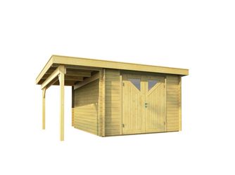 Gartenhaus Pulti 34-B mit Seitendach 130cm, Türvariante Typ 4 (Dreieckglas-Tür) 430x240cm Gartenhaus Pulti 34-B mit Seitendach 130cm, Türvariante Typ 4 (Dreieckglas-Tür) 430x240cm