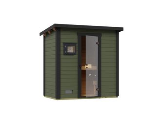 Gartensauna Kaapi 1 graugrün mit 400V Dampfbad-Ofen, analoge Steuerung, Ofenschutz, Saunasteine, Anschlusskabel