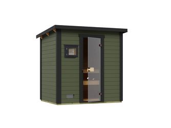 Gartensauna Kaapi 2 graugrün mit 400V Klassik-Ofen, analoge Steuerung, Ofenschutz, Saunasteine, Anschlusskabel