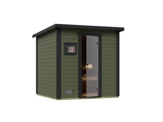 Gartensauna Kaapi 3 graugrün mit 400V Dampfbad-Ofen, analoge Steuerung, Ofenschutz, Saunasteine, Anschlusskabel