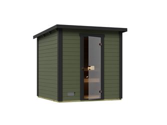 Gartensauna Kaapi 3 graugrün mit 400V Kompakt-Ofen, integrierte Steuerung, Ofenschutz, Saunasteine, Anschlusskabel