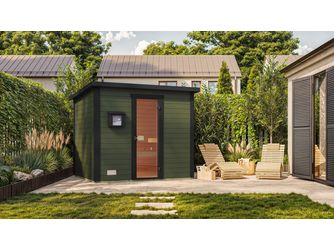 Gartensauna Kaapi 4 graugrün mit 400V Dampfbad-Ofen, analoge Steuerung, Ofenschutz, Saunasteine, Anschlusskabel