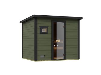 Gartensauna Kaapi 4 graugrün mit 400V Klassik-Ofen, analoge Steuerung, Ofenschutz, Saunasteine, Anschlusskabel
