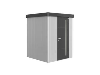 Gerätehaus Neo 1A Var. 1.3 Standardtür, Wandfarbe silber-metallic, Dach- und Türfarbe dunkelgrau-metallic Gerätehaus Neo 1A Var. 1.3 Standardtür, Wandfarbe silber-metallic, Dach- und Türfarbe dunkelgrau-metallic