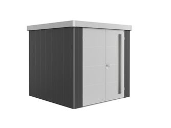 Gerätehaus Neo 2B Var. 3.1 Doppeltür, Wandfarbe dunkelgrau-metallic, Dach- und Türfarbe silber-metallic Gerätehaus Neo 2B Var. 3.1 Doppeltür, Wandfarbe dunkelgrau-metallic, Dach- und Türfarbe silber-metallic