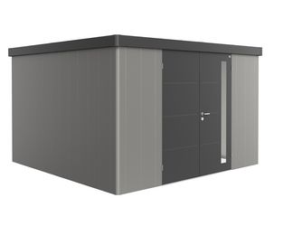 Gerätehaus Neo 4D Var. 2.3 Doppeltüre, Wandfarbe quarzgrau-metallic, Dach- und Türfarbe dunkelgrau-metallic Gerätehaus Neo 4D Var. 2.3 Doppeltüre, Wandfarbe quarzgrau-metallic, Dach- und Türfarbe dunkelgrau-metallic