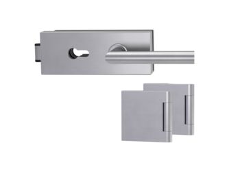 Glastürbeschlagset FABRICO Profilzylinder Flüster 3-tlg. Bänder L-FORM Edelstahl-Optik ma.