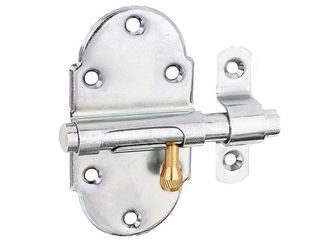Grendelriegel, m. Messing-Knopf, o.Feder, m.Schlaufe, disp., LxB45x85mm Grendelriegel, m. Messing-Knopf, o.Feder, m.Schlaufe, disp., LxB45x85mm
