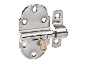 Grendelriegel, m. Messing-Knopf, o.Feder, m.Schlaufe, vernickelt poliert, LxB40x75mm Grendelriegel, m. Messing-Knopf, o.Feder, m.Schlaufe, vernickelt poliert, LxB40x75mm