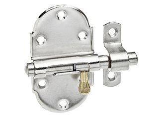 Grendelriegel, m. Messing-Knopf, o.Feder, m.Schlaufe, vernickelt poliert, LxB45x85mm Grendelriegel, m. Messing-Knopf, o.Feder, m.Schlaufe, vernickelt poliert, LxB45x85mm