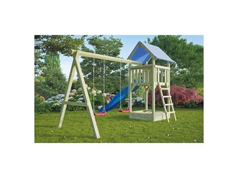 HANS Spielanlage 7x7 Kreuzholz B 350xT 190xH 296cm kdi-grün mit Schaukelanbau o. Wellenrutsche