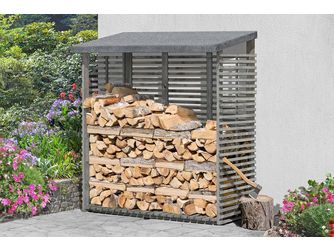 Kaminholzregal FLAMMO S mit Rückwand, grau Kiefer 188x69x183cm