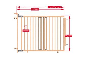 Kindersicherheitsgitter Jonas, Holzgitter inkl Pfostenbef.Einstellbare Breite 74,5-114cm, Höhe 80,5cm