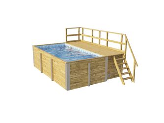 Massivholzpool 595 Gr. 1, Folie Blau/Mosaik, inkl. Sonnendeck und Sandfilteranlage, 6 Metallstützen