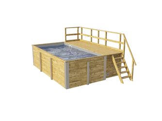 Massivholzpool 595 Gr. 1, Folie Hellgrau, inkl. Sonnendeck und Sandfilteranlage, 6 Metallstützen