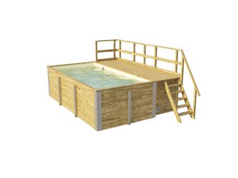 Massivholzpool 595 Gr. 1, Folie Sand, inkl. Sonnendeck und Sandfilteranlage, 6 Metallstützen